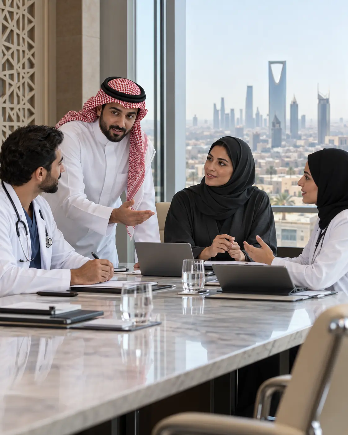 Illustrative scene of Saudi healthcare leaders and doctors collaborating in a meeting